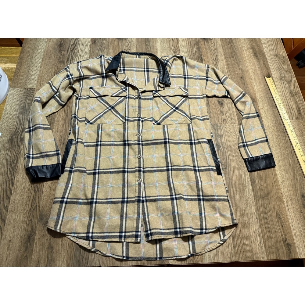 Mystree Shirt Women's Medium Brown Pink Black Plaid Long Sleeve Button Up Shirt